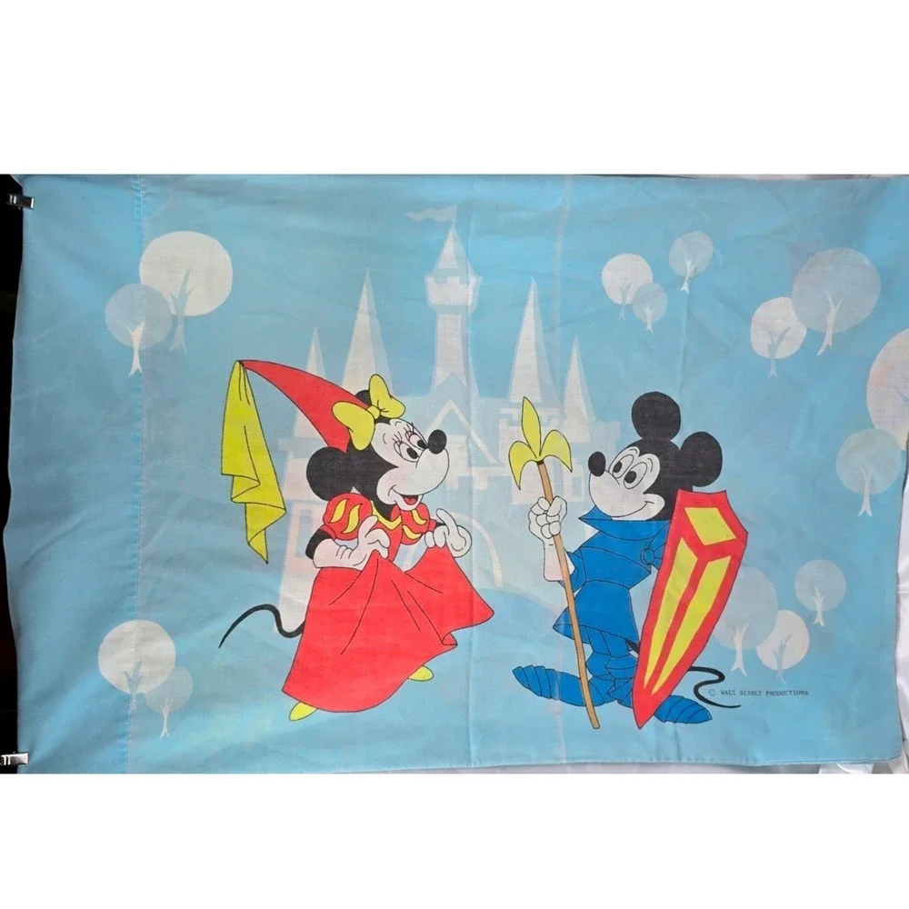 Vintage 1970s Disney Mickey Minnie Frontierland‎ Blue Pillowcase Knight Princess